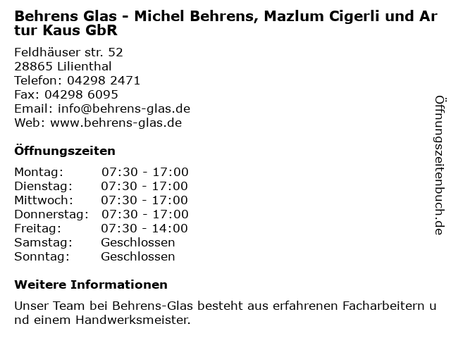 Behrens Glas - Michel Behrens, Mazlum Cigerli und Artur Kaus GbR in Lilienthal: Adresse und Öffnungszeiten