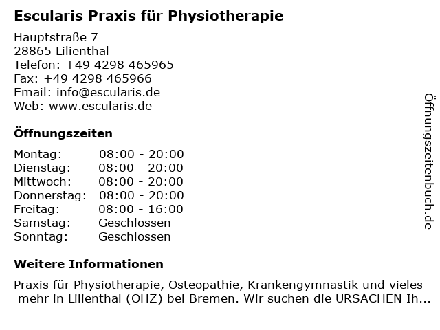 Escularis Praxis für Physiotherapie in Lilienthal: Adresse und Öffnungszeiten