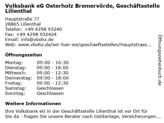 Volksbank eG Osterholz Bremervörde, Geschäftsstelle Lilienthal in Lilienthal: Adresse und Öffnungszeiten