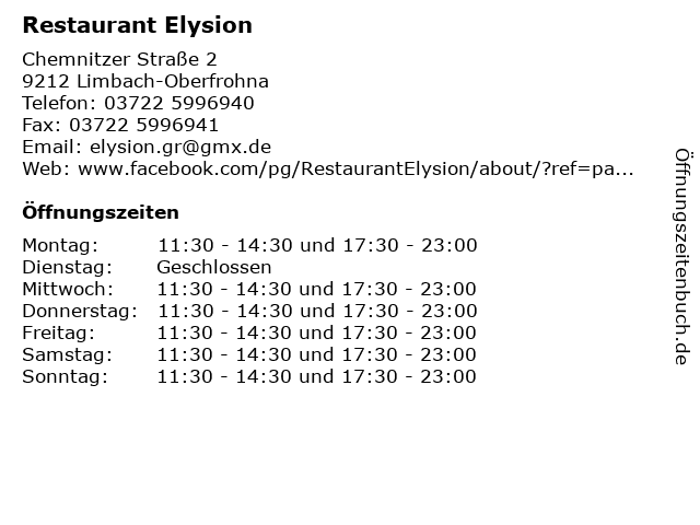 Restaurant Elysion in Limbach-Oberfrohna: Adresse und Öffnungszeiten