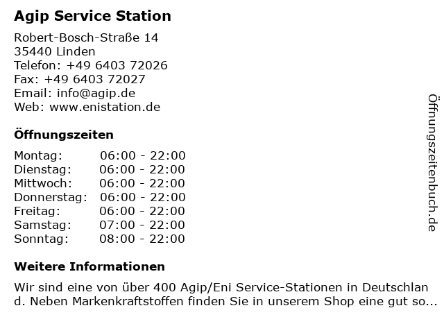 Agip Service Station in Linden: Adresse und Öffnungszeiten