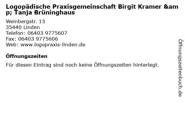 Logopädische Praxisgemeinschaft Birgit Kramer & Tanja Brüninghaus in Linden: Adresse und Öffnungszeiten