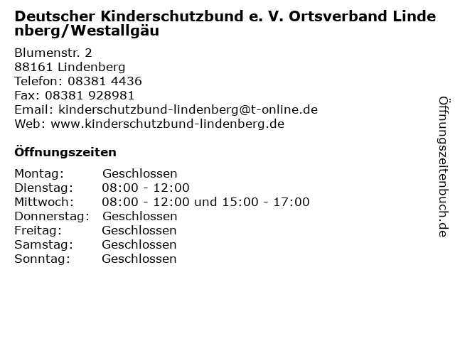 Deutscher Kinderschutzbund e. V. Ortsverband Lindenberg/Westallgäu in Lindenberg: Adresse und Öffnungszeiten