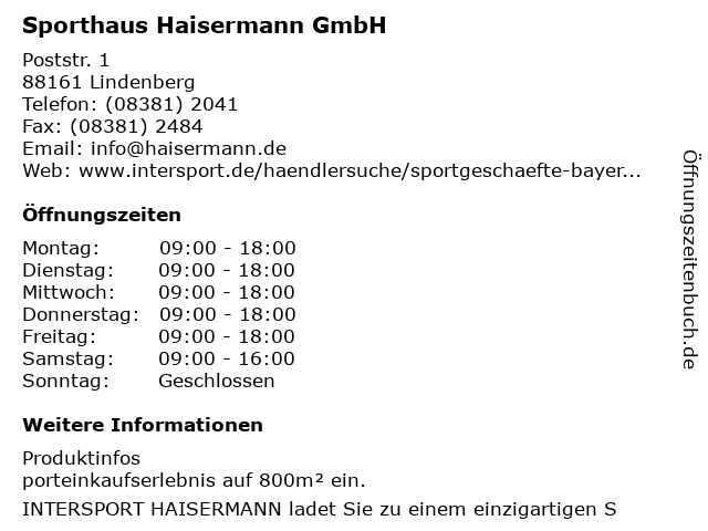 Intersport Haisermann in Lindenberg: Adresse und Öffnungszeiten