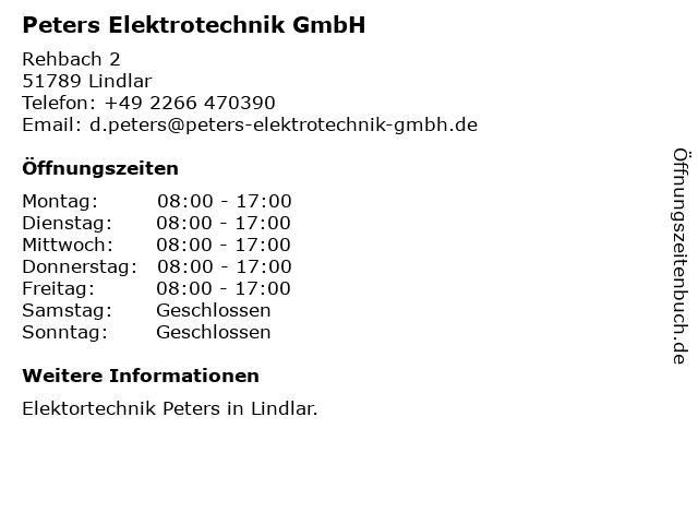Peters Elektrotechnik GmbH in Lindlar: Adresse und Öffnungszeiten
