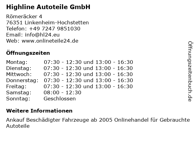 Highline Autoteile GmbH in Linkenheim-Hochstetten: Adresse und Öffnungszeiten