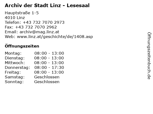 Archiv der Stadt Linz - Lesesaal in Linz: Adresse und Öffnungszeiten