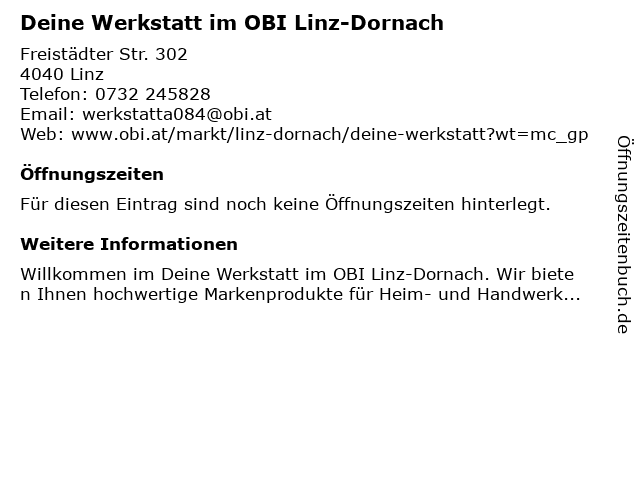 Deine Werkstatt im OBI Linz-Dornach in Linz: Adresse und Öffnungszeiten