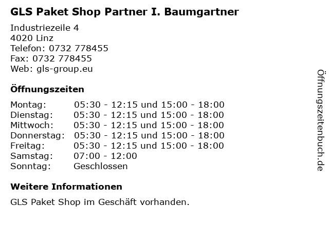 GLS Paket Shop Partner I. Baumgartner in Linz: Adresse und Öffnungszeiten