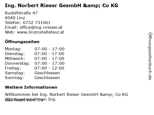 Ing. Norbert Rieser GesmbH & Co KG in Linz: Adresse und Öffnungszeiten
