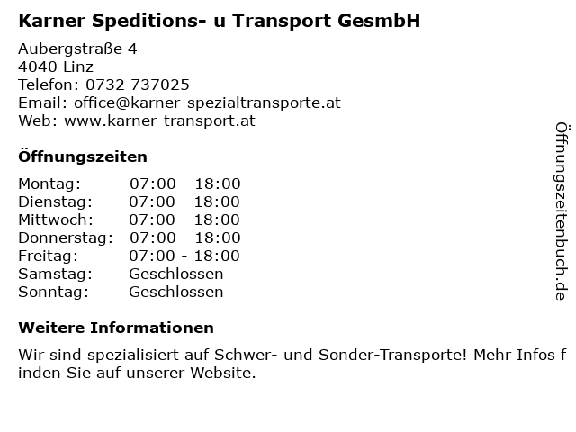 Karner Speditions- u Transport GesmbH in Linz: Adresse und Öffnungszeiten