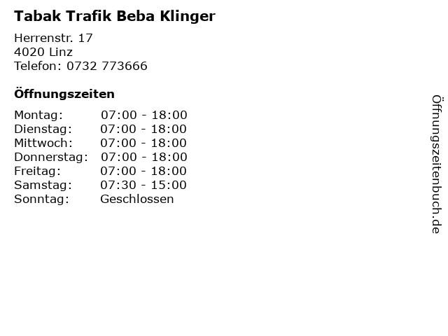 Tabak Trafik Beba Klinger in Linz: Adresse und Öffnungszeiten
