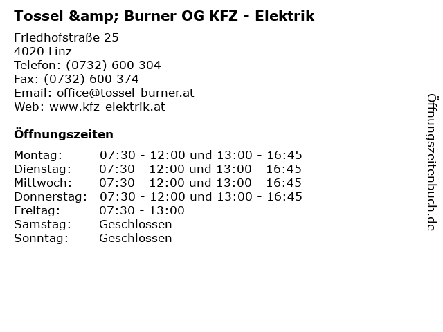 Tossel & Burner OG KFZ - Elektrik in Linz: Adresse und Öffnungszeiten