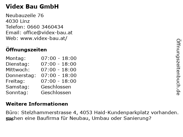 ᐅ Offnungszeiten Videx Bau Gmbh Neubauzeile 76 In Linz