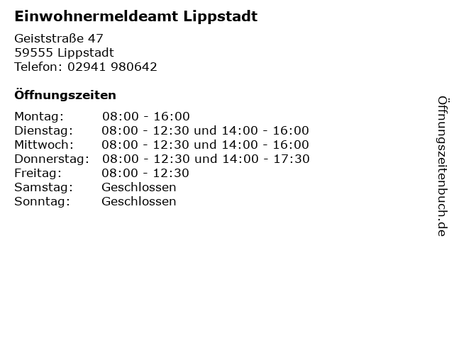 Einwohnermeldeamt Lippstadt in Lippstadt: Adresse und Öffnungszeiten