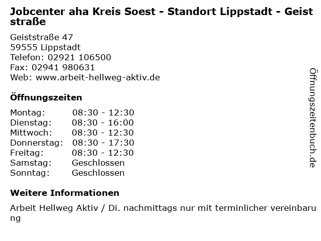 Jobcenter aha Kreis Soest - Standort Lippstadt - Geiststraße in Lippstadt: Adresse und Öffnungszeiten
