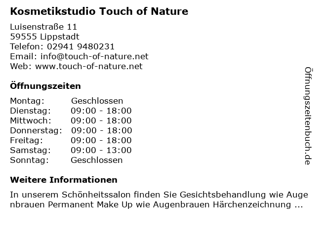 Kosmetikstudio Touch of Nature in Lippstadt: Adresse und Öffnungszeiten