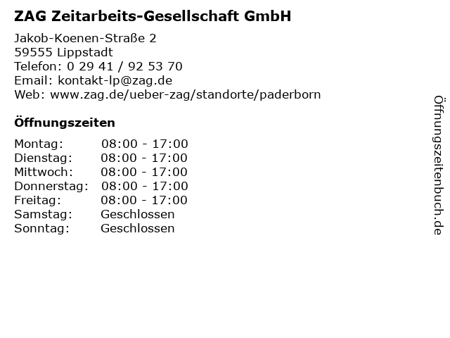 ZAG Zeitarbeits-Gesellschaft GmbH in Lippstadt: Adresse und Öffnungszeiten