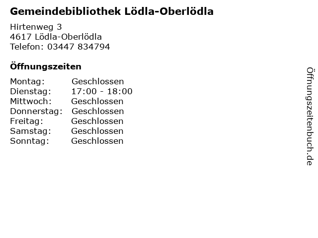 Gemeindebibliothek Lödla-Oberlödla in Lödla-Oberlödla: Adresse und Öffnungszeiten
