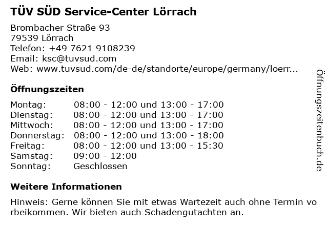 TÜV SÜD Service-Center Lörrach in Lörrach: Adresse und Öffnungszeiten