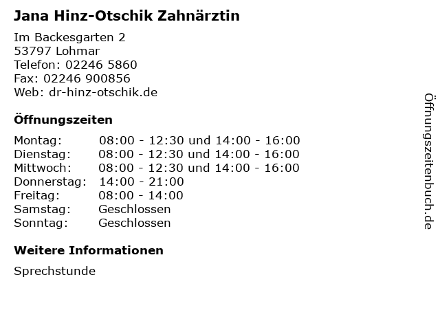 Jana Hinz-Otschik Zahnärztin in Lohmar: Adresse und Öffnungszeiten