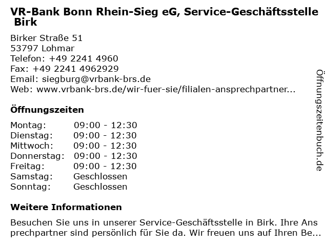 VR-Bank Bonn Rhein-Sieg eG, Service-Geschäftsstelle Birk in Lohmar: Adresse und Öffnungszeiten
