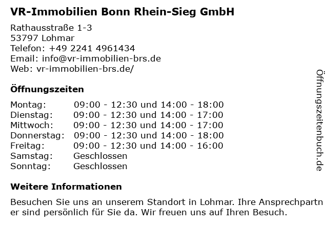 á… Offnungszeiten Vr Bank Rhein Sieg Immobilien Gmbh Rathausstrasse 1 3 In Lohmar