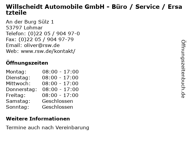 Willscheidt Automobile GmbH - Büro / Service / Ersatzteile in Lohmar: Adresse und Öffnungszeiten