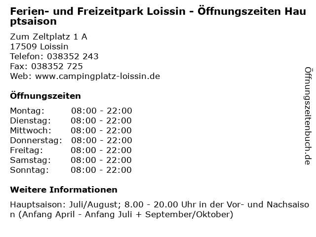 Ferien- und Freizeitpark Loissin - Öffnungszeiten Hauptsaison in Loissin: Adresse und Öffnungszeiten