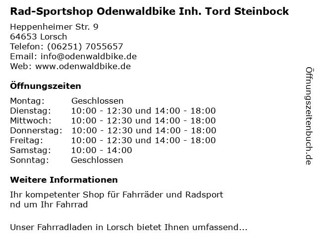Rad-Sportshop Odenwaldbike Inh. Tord Steinbock in Lorsch: Adresse und Öffnungszeiten