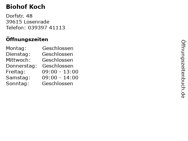 Biohof Koch in Losenrade: Adresse und Öffnungszeiten