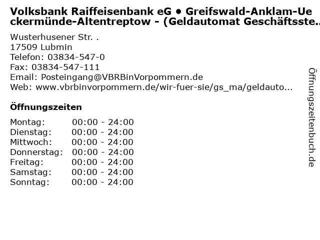 Volksbank Raiffeisenbank eG • Greifswald-Anklam-Ueckermünde-Altentreptow - (Geldautomat Geschäftsstelle) in Lubmin: Adresse und Öffnungszeiten
