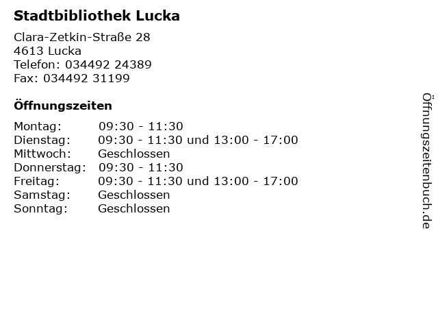 Stadtbibliothek Lucka in Lucka: Adresse und Öffnungszeiten