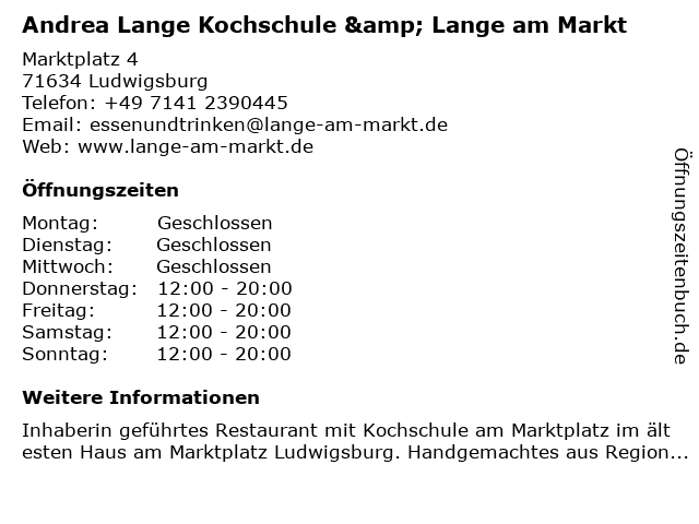Andrea Lange Kochschule & Lange am Markt in Ludwigsburg: Adresse und Öffnungszeiten