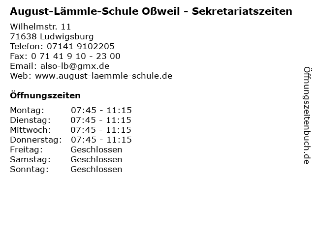 August-Lämmle-Schule Oßweil - Sekretariatszeiten in Ludwigsburg: Adresse und Öffnungszeiten