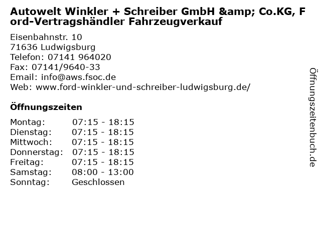 Autowelt Winkler + Schreiber GmbH & Co.KG, Ford-Vertragshändler Fahrzeugverkauf in Ludwigsburg: Adresse und Öffnungszeiten