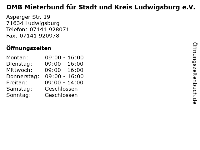 DMB Mieterbund für Stadt und Kreis Ludwigsburg e.V. in Ludwigsburg: Adresse und Öffnungszeiten