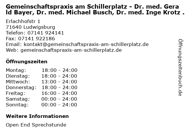 Gemeinschaftspraxis am Schillerplatz - Dr. med. Gerald Bayer, Dr. med. Michael Busch, Dr. med. Inge Krotz (Notfallpraxis) in Ludwigsburg: Adresse und Öffnungszeiten