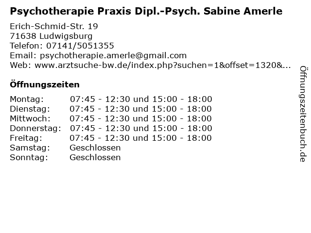 Psychotherapie Praxis Dipl.-Psych. Sabine Amerle in Ludwigsburg: Adresse und Öffnungszeiten