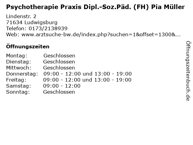 Psychotherapie Praxis Dipl.-Soz.Päd. (FH) Pia Müller in Ludwigsburg: Adresse und Öffnungszeiten