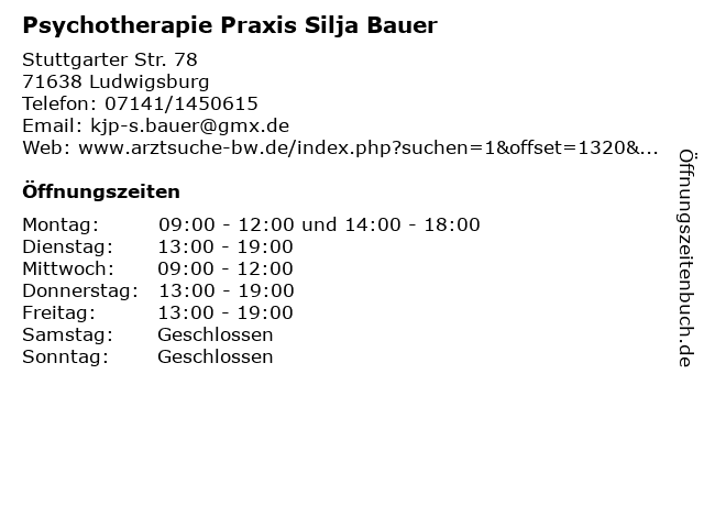 Psychotherapie Praxis Silja Bauer in Ludwigsburg: Adresse und Öffnungszeiten
