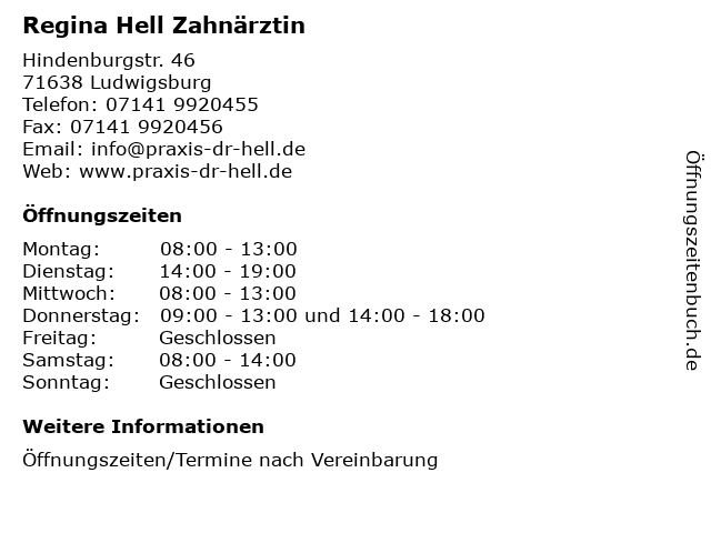 Regina Hell Zahnärztin in Ludwigsburg: Adresse und Öffnungszeiten