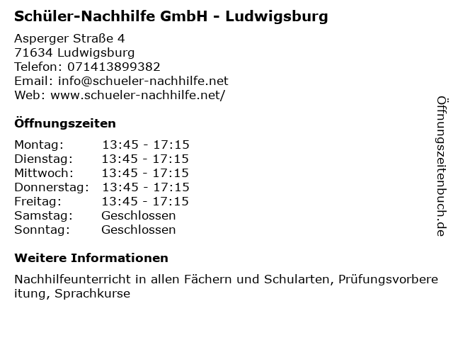 Schüler-Nachhilfe GmbH - Ludwigsburg in Ludwigsburg: Adresse und Öffnungszeiten