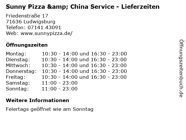 Sunny Pizza & China Service - Lieferzeiten in Ludwigsburg: Adresse und Öffnungszeiten