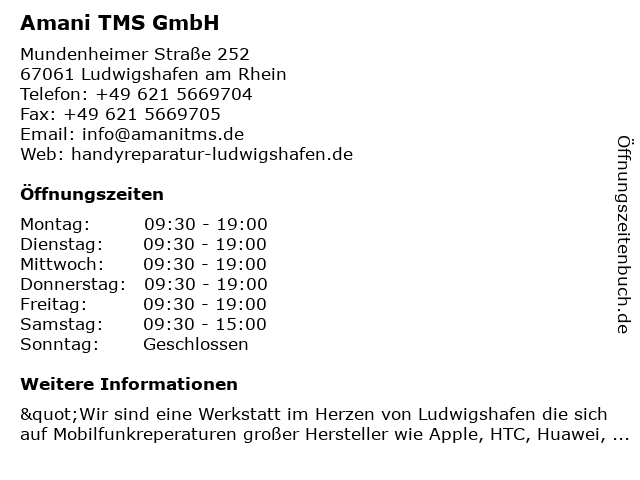 Amani TMS GmbH in Ludwigshafen am Rhein: Adresse und Öffnungszeiten