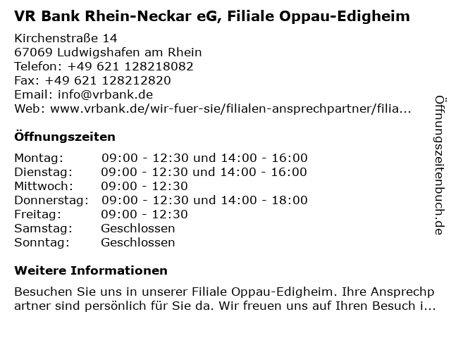 ᐅ Öffnungszeiten „VR Bank Rhein-Neckar eG, Filiale Oppau-Edigheim“ | Kirchenstraße 14 in ...