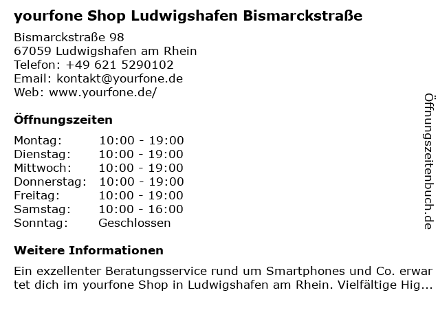 yourfone Shop Ludwigshafen Bismarckstraße in Ludwigshafen am Rhein: Adresse und Öffnungszeiten
