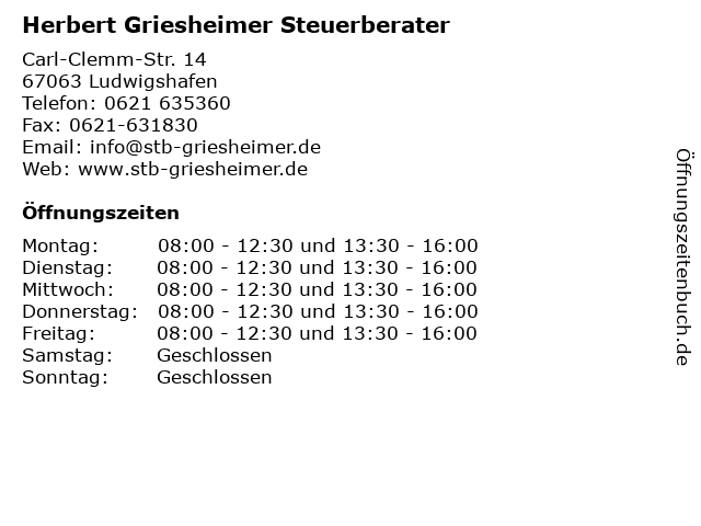 Herbert Griesheimer Steuerberater in Ludwigshafen: Adresse und Öffnungszeiten