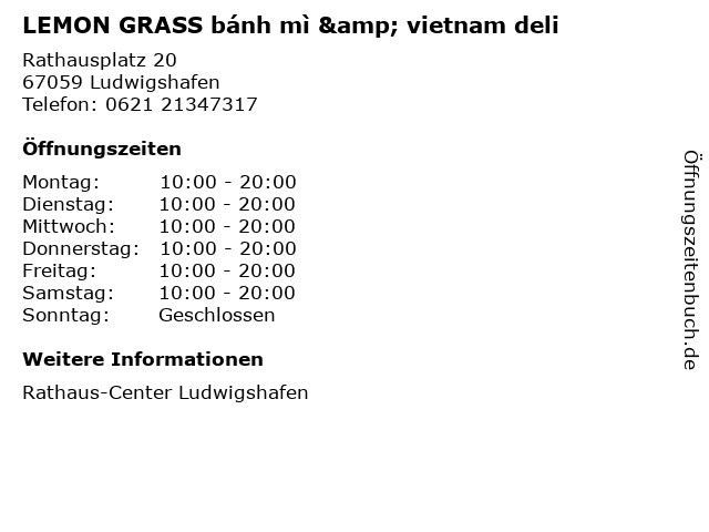 LEMON GRASS bánh mì & vietnam deli in Ludwigshafen: Adresse und Öffnungszeiten