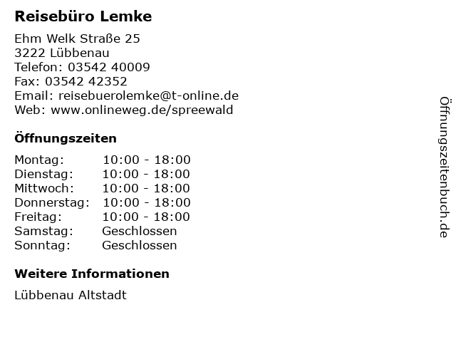 Reisebüro Lemke in Lübbenau: Adresse und Öffnungszeiten